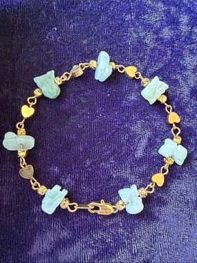 18K gold plated link bracelet with natural carved jadeite jade gemstones